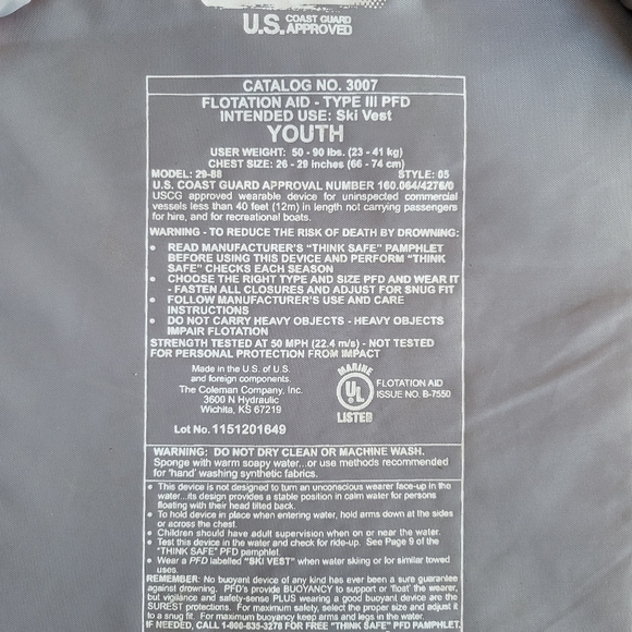Lifevest Jacket - Youth 50 - 90 lbs. PFD - Picture 2 of 2
